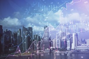 Forex,Chart,On,Cityscape,With,Skyscrapers,Wallpaper,Multi,Exposure.,Financial
